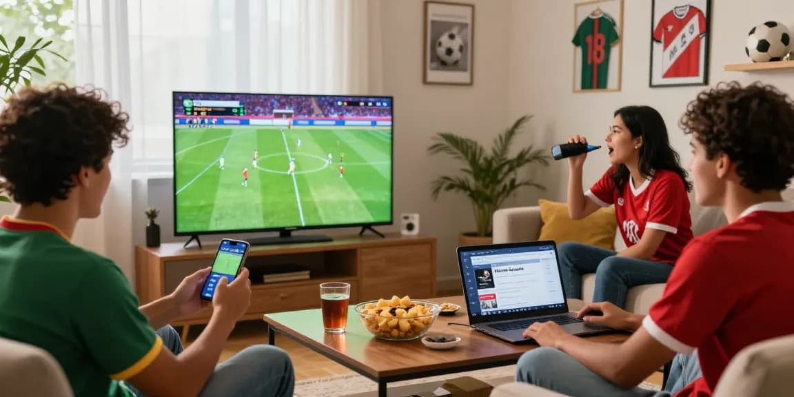 Excited friends enjoying live football on Multicanais in cozy living room setting.