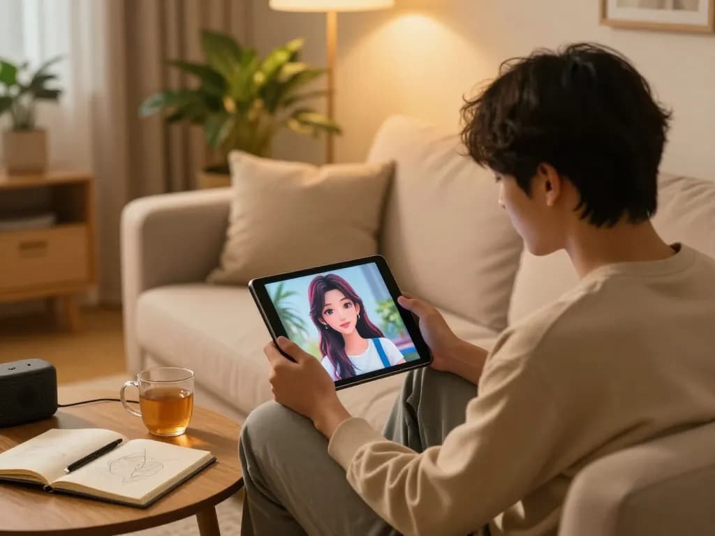 Engaging with crush on ai in a cozy living room setting showcasing digital interactions and emotional connectivity.