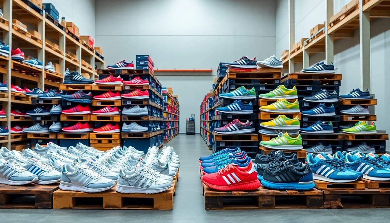 Showcasing Best Adidas Shoe Pallets with 100 pairs organized in a vibrant warehouse.