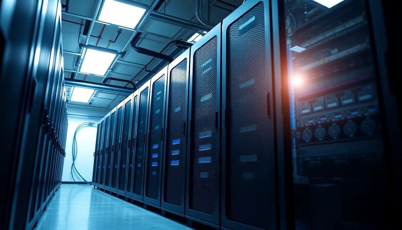 Showcase of adult web hosting infrastructure in a modern server room, highlighting sleek hardware.