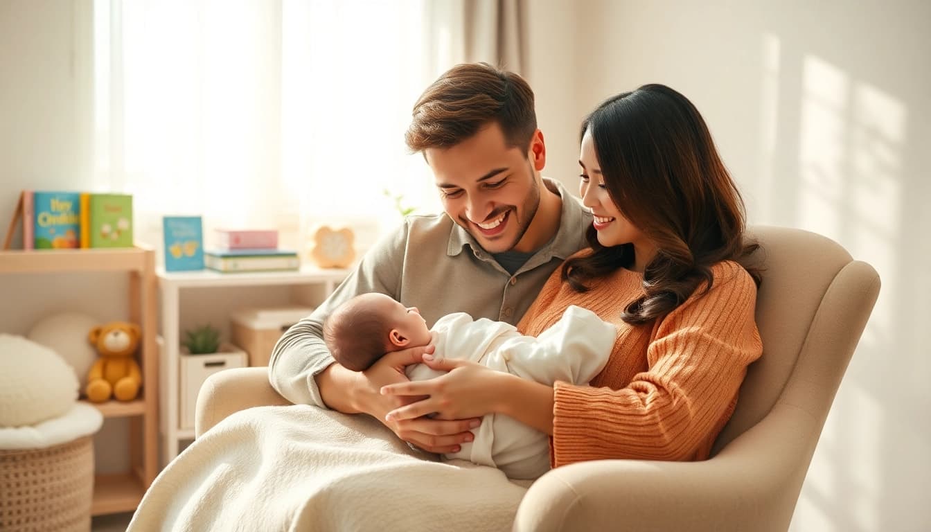Family with new bornbaby sharing joyful moments in a cozy nursery setting.