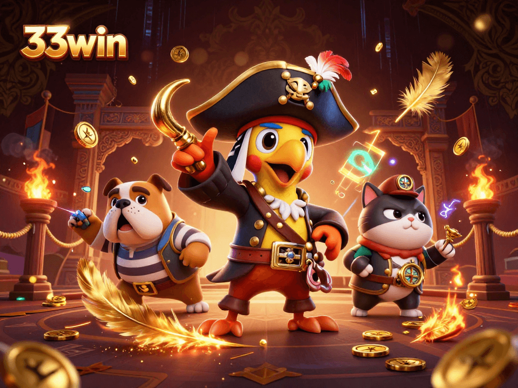 Win big with 33win in a vibrant pirate-themed casino adventure illustration.