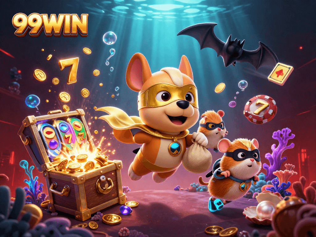 Experience the excitement of 99WIN with a superhero dog flying over a treasure-filled casino scene.