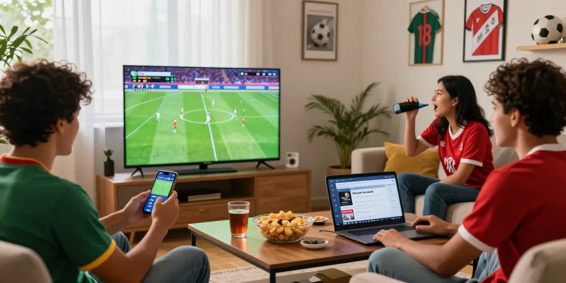 Excited friends enjoying live football on Multicanais in cozy living room setting.