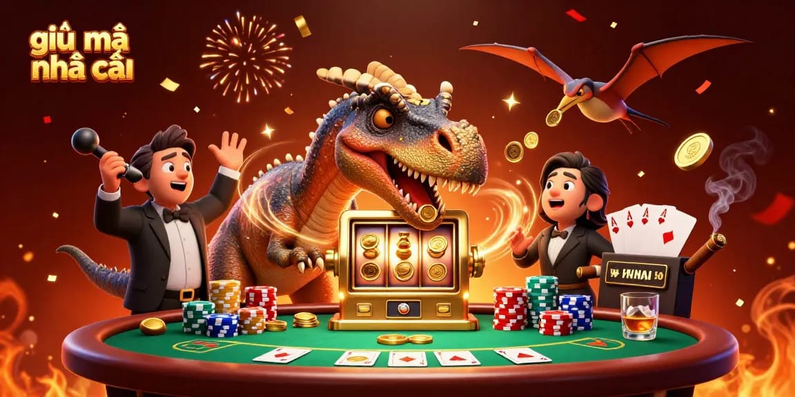 Experience the excitement of giải mã nhà cái as a pachycephalosaurus headbutts a golden slot machine, capturing jackpot coins.