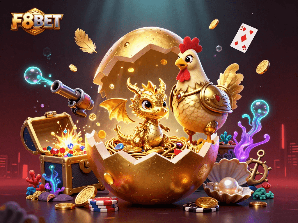 Experience the thrill of F8BET with a golden dragon and poker chips in a vibrant casino scene.