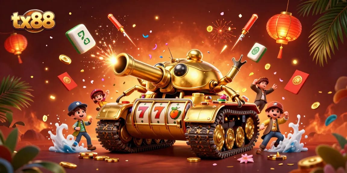 Engage with tx88's dynamic casino experience featuring a golden beetle tank and lively game elements.