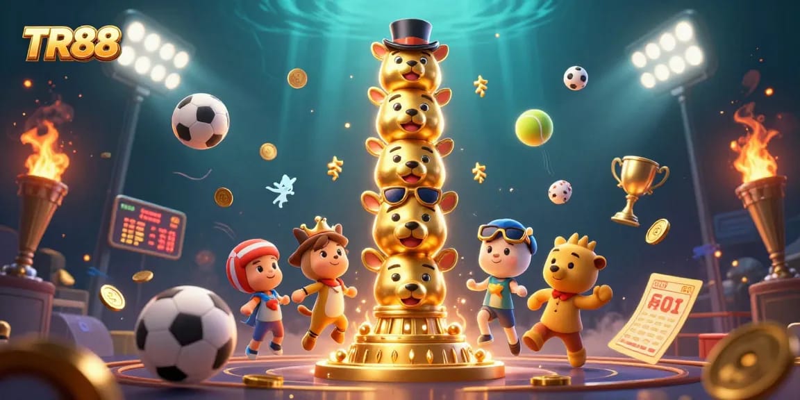 Experience thrilling action with TR88 as cartoon totem characters and sports elements create an engaging casino scene.