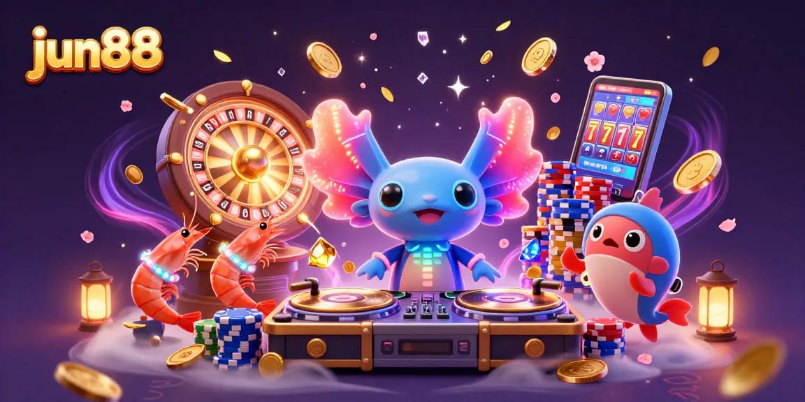 Experience thrilling wins with jun88's dynamic casino scene featuring a neon axolotl DJ.