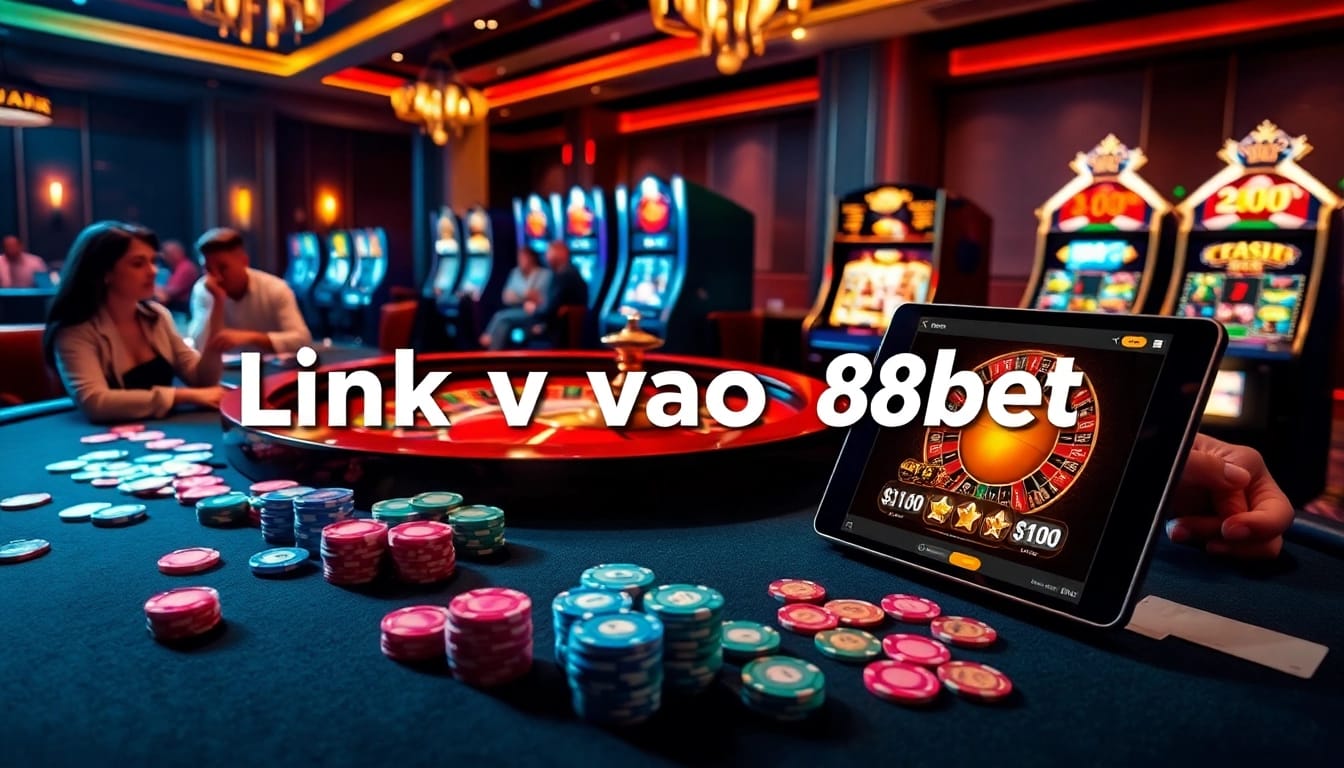 Link vào 188bet shown in an exciting casino scene with gaming tables and slot machines.