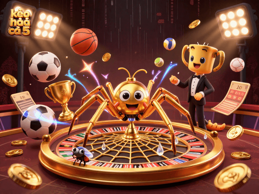 Place bets with kèo nhà cái 5 amid a vibrant casino scene featuring a spider and a centipede.