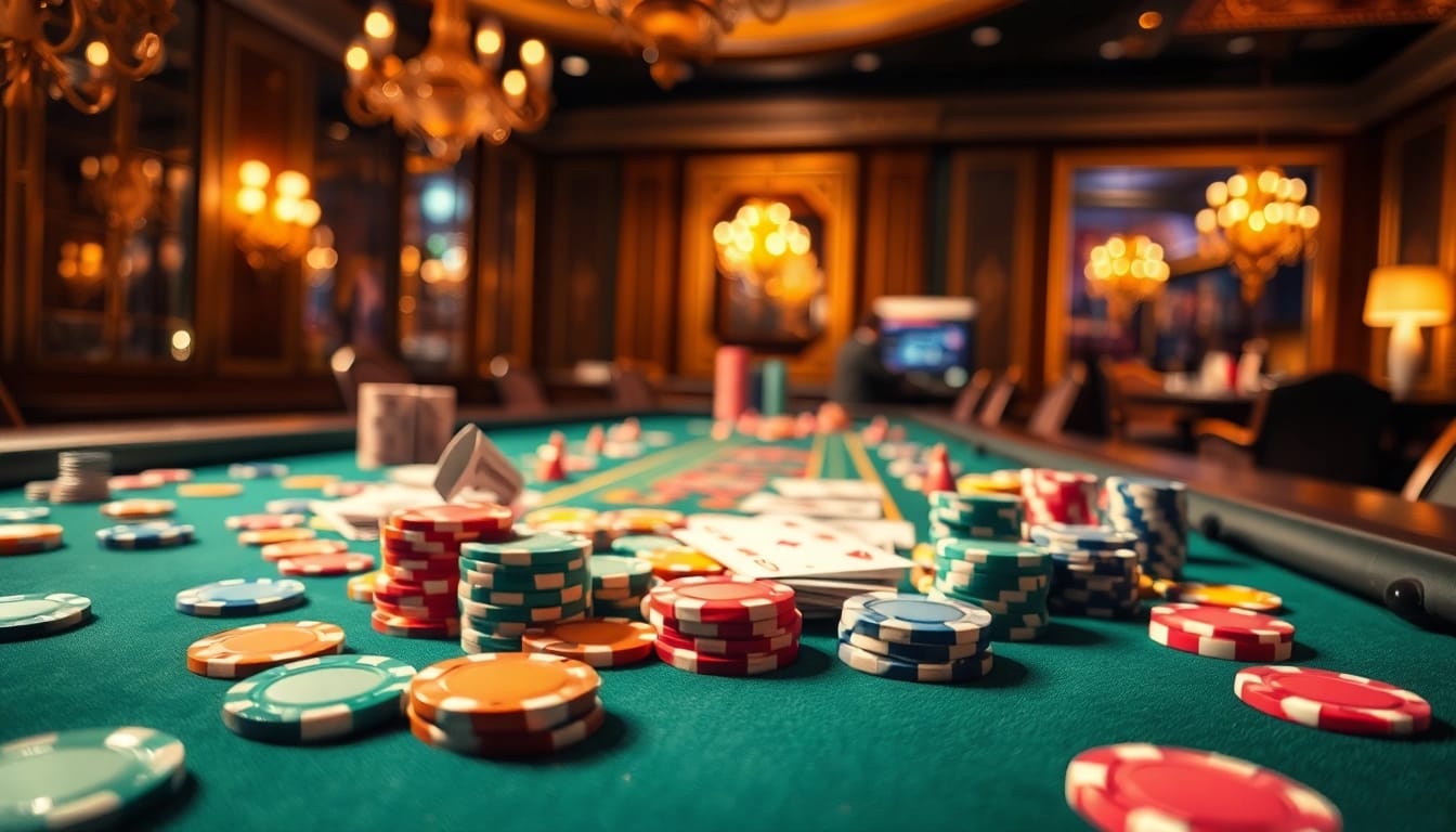Slot deposit 5000 dengan suasana meja judi yang mewah dan chip berwarna-warni.