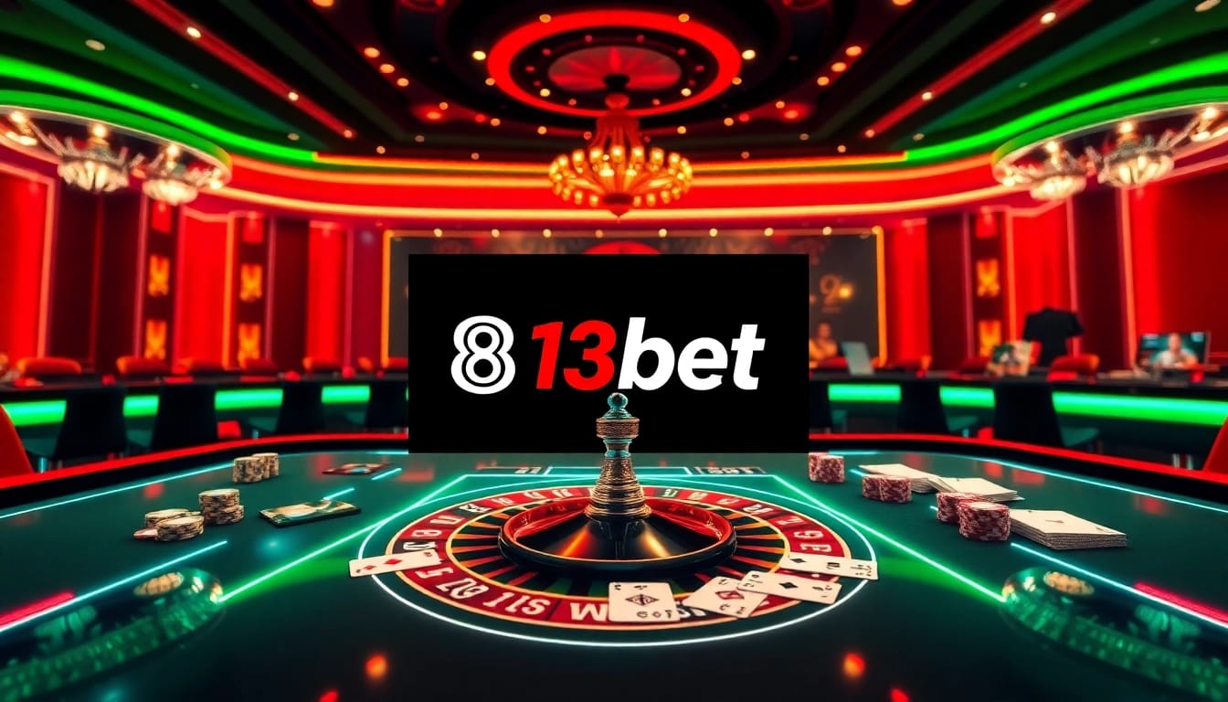 Participe de jogos empolgantes na 813bet com visuais de cassino imersivos que apresentam elementos de roleta e pôquer.