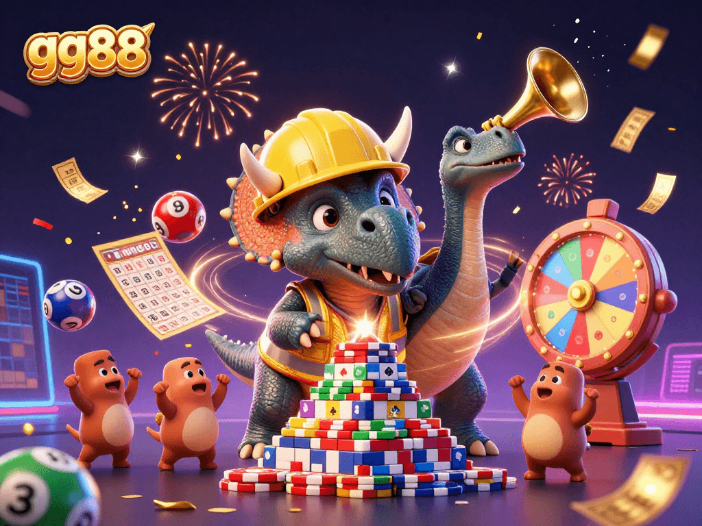 Win big with gg88 while a triceratops builds poker chip pyramids in a vibrant casino scene.
