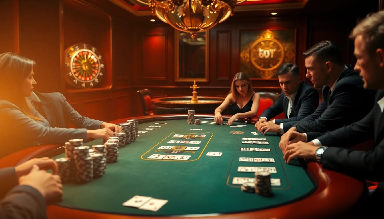 Participe de jogos de pôquer de alto risco em um cassino luxuoso 69Y, com fichas vibrantes e cartas.