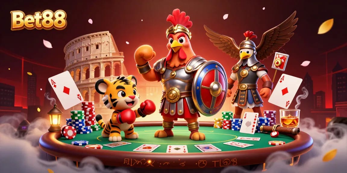 Experience the excitement of Bet88 with a lively 3D illustration featuring gambling characters in an arena.