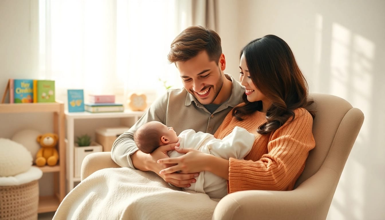 Family with new bornbaby sharing joyful moments in a cozy nursery setting.