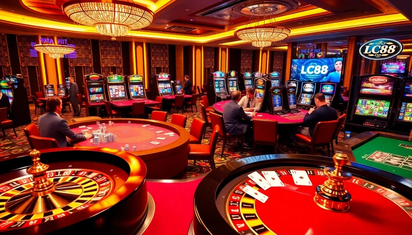 Experience the excitement of LC88 casino gaming with vibrant tables, colorful chips, and spinning roulette wheels.