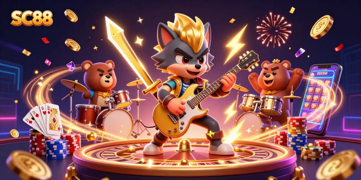 Experience the vibrant casino scene with SC88's rock star wolf and dazzling game elements.
