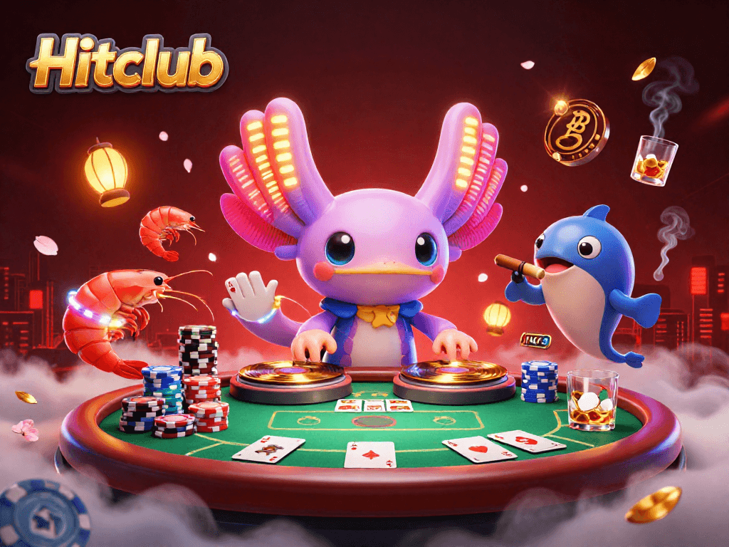 Hitclub illuminates with vibrant axolotl DJ and shrimp dancers at a lively poker table.