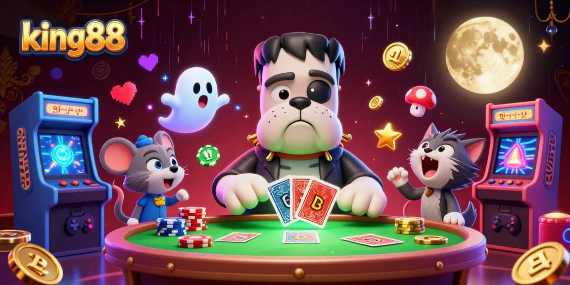 king88 attracts players with a thrilling 3D casino scene featuring a Frankenstein bulldog dealing cards
