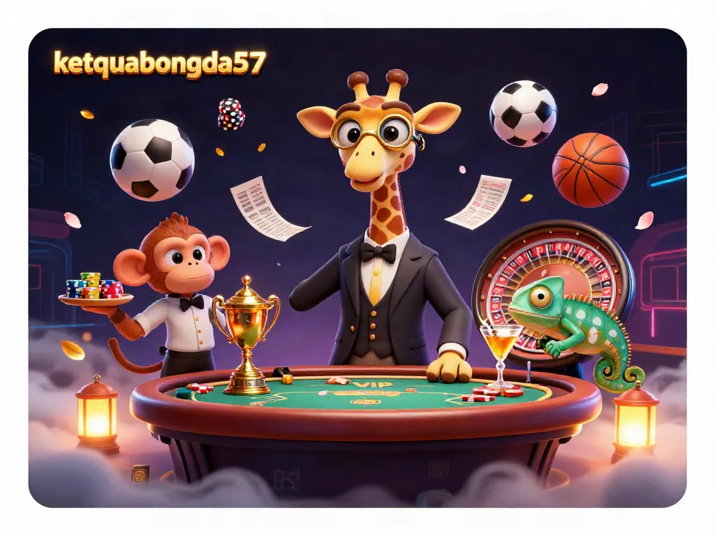 Experience the thrilling action of ketquabongda57, featuring a high-roller giraffe at a poker table with vibrant sports betting elements.
