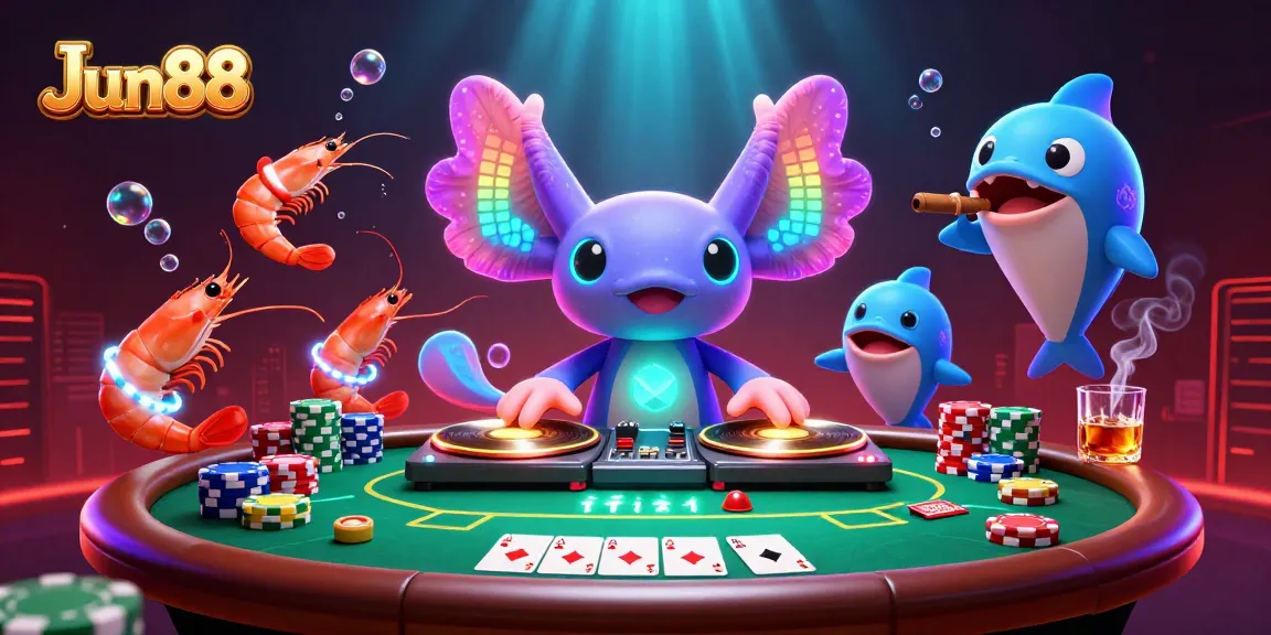 Experience the vibrant casino world at Jun88 with a lively underwater DJ scene featuring animated characters.