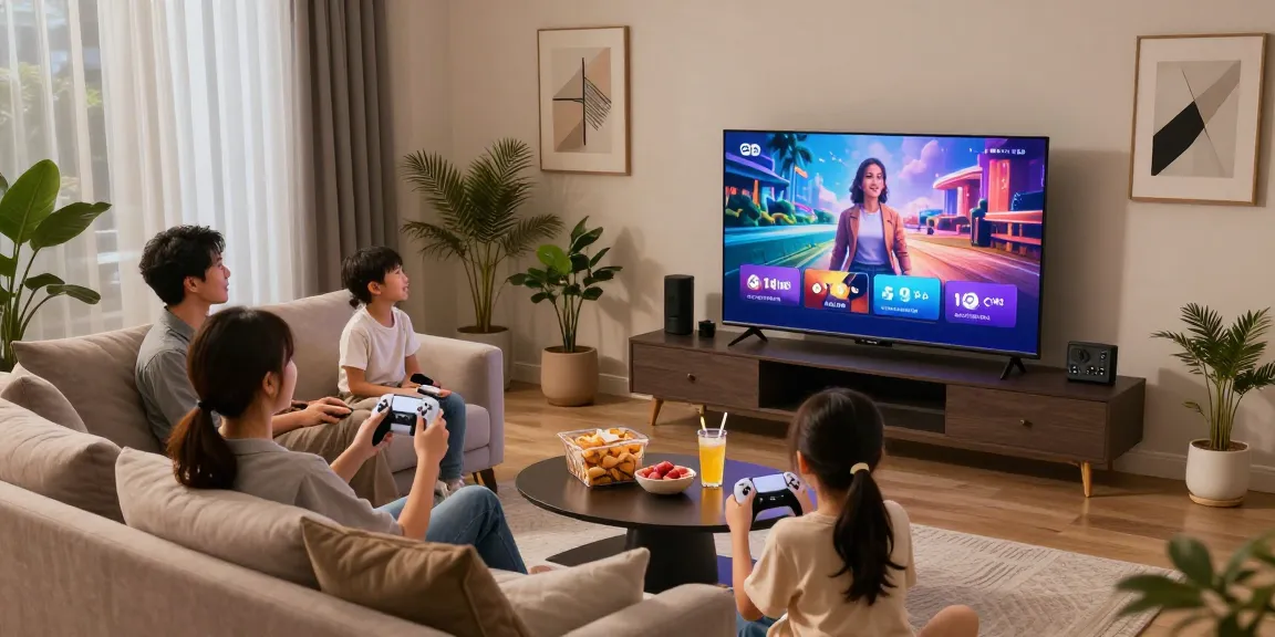 Família assistindo IPTV em casa, momentos de diversão e entretenimento.