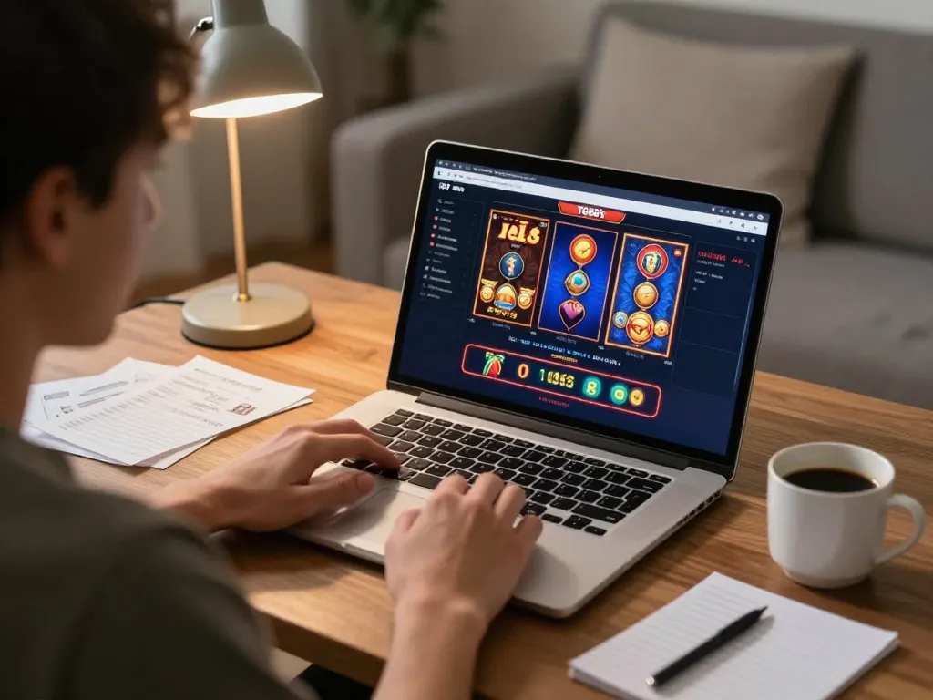 Player engaging with TG88's online casino interface while enjoying a cozy home gaming session, demonstrating responsible gambling.