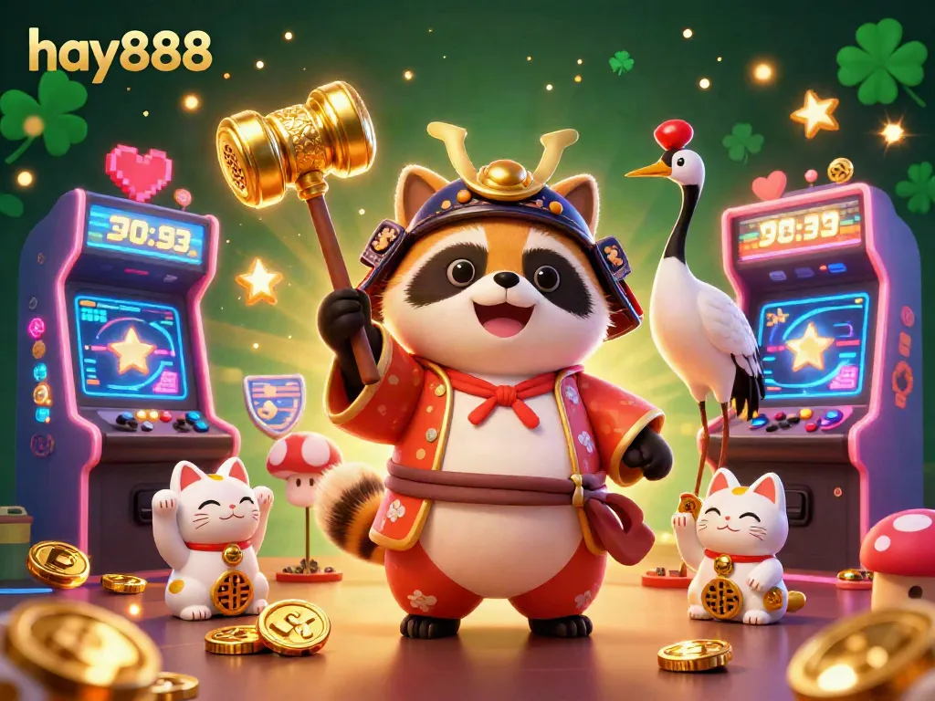 Engage with hay888 in a vibrant 3D casino scene featuring animated tanuki and fortune cats celebrating gaming excitement.