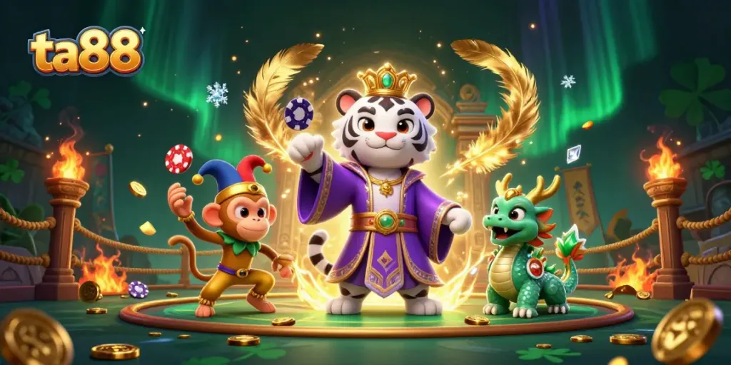 Engage with ta88's vibrant casino world featuring a majestic tiger, a jester monkey, and coins amid thrilling elements.