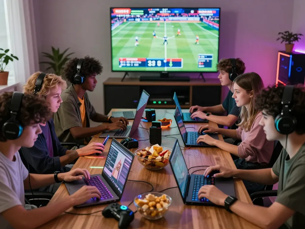 Friends enjoying online gaming and betting on 12bet with vibrant lights and screens.