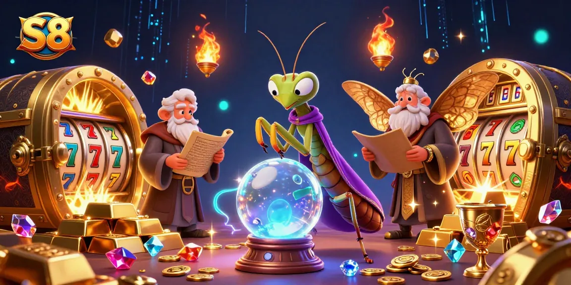 Experience the thrill of S 8 with a vibrant casino scene featuring lucky symbols and treasures.
