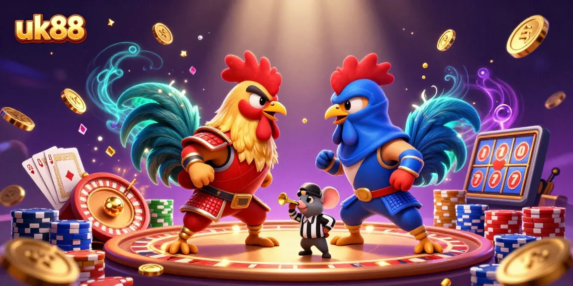 Experience fierce competition with uk88, as cartoon roosters battle amidst golden casino treasures.