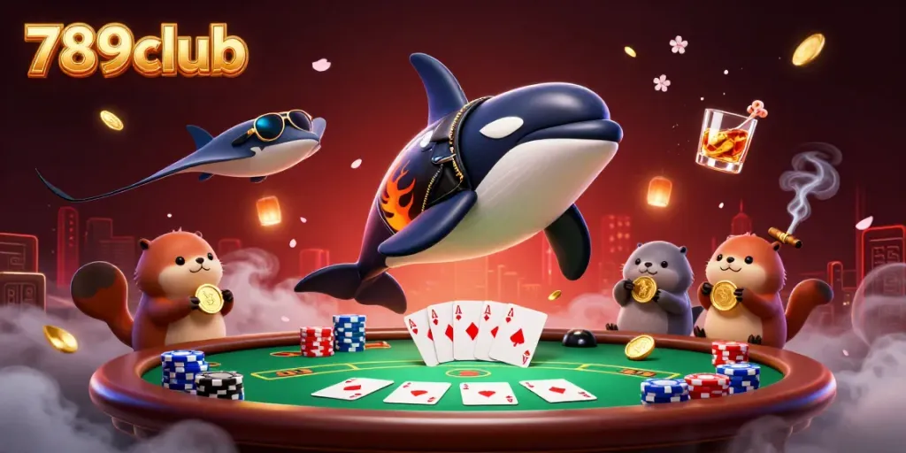Experience the thrilling play at 789club with vibrant characters and poker elements surrounding the action.