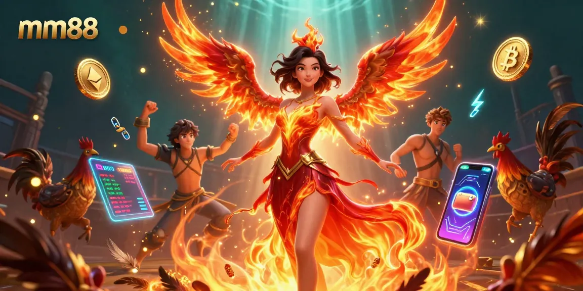 Experience the thrill of cockfighting and high stakes with mm88 in this vibrant casino illustration.