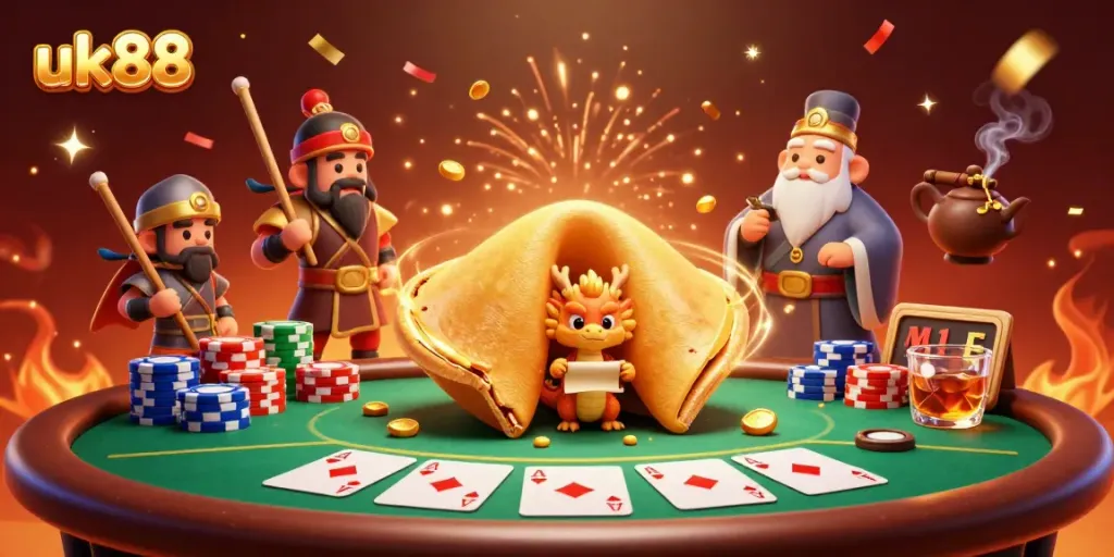 Engage in thrilling battles at uk88 with a vibrant scene featuring a giant fortune cookie, golden dragon, and poker elements.