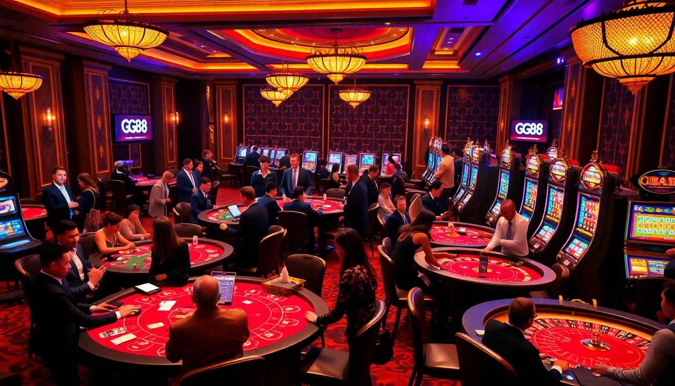 Exciting GG88 casino scene showcasing players winning at luxurious gaming tables and vibrant slot machines.