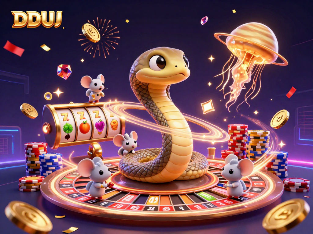 Experience the excitement of DDUU with a vibrant cosmic casino scene featuring snakes, mice, and treasures!