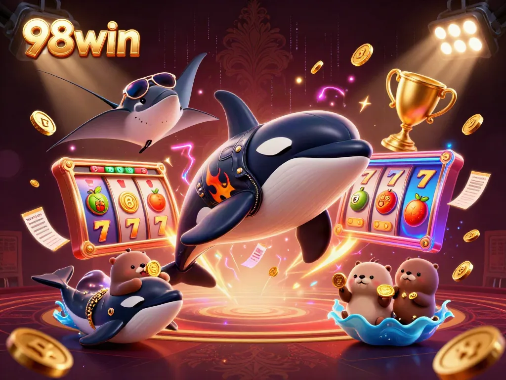 Experience the ultimate casino excitement with 98win featuring playful characters and thrilling slot elements.