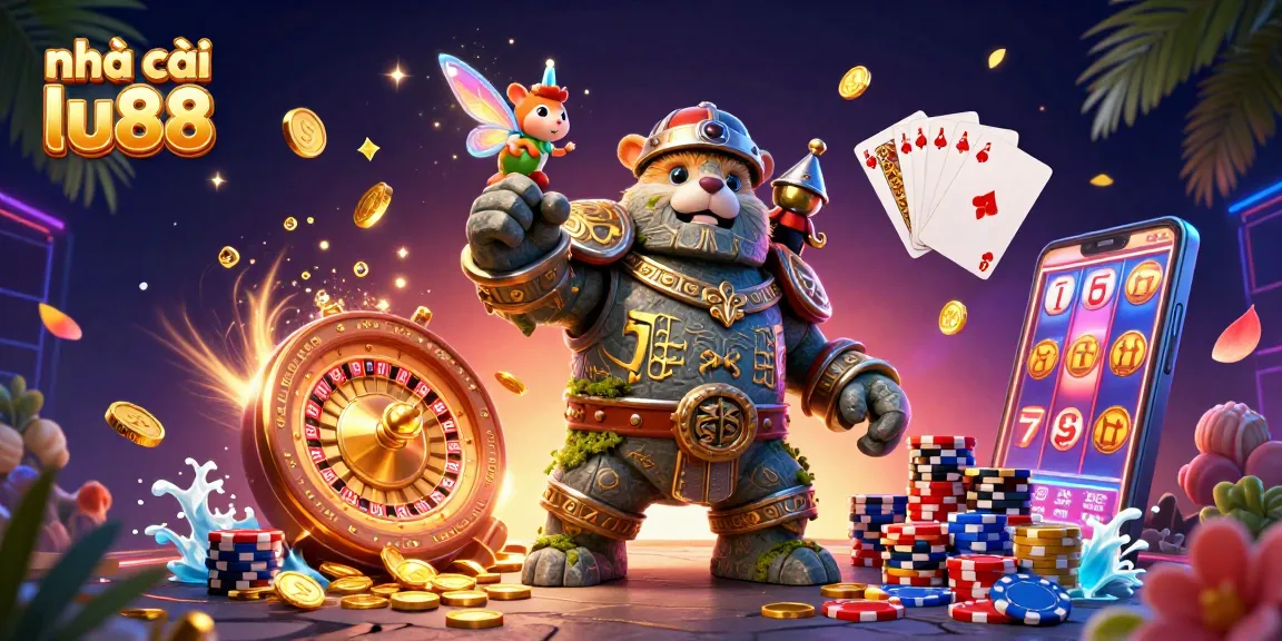 Experience gameplay excitement with nhà cái lu88 in a vibrant 3D casino scene filled with treasures.
