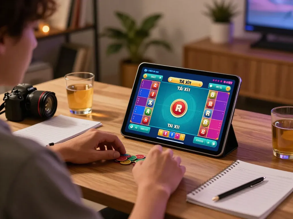 Person engaging in Tài Xỉu gameplay on a tablet at home, showcasing strategic betting.