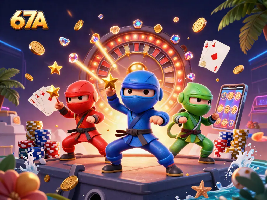 67A gamified experience with chameleon ninjas, coins, and roulette elements promoting a lively casino atmosphere.