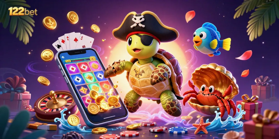 Viva a jogabilidade vibrante com 122bet enquanto uma tartaruga pirata, um caranguejo e um peixe-papagaio celebram sobre tesouros afundados.