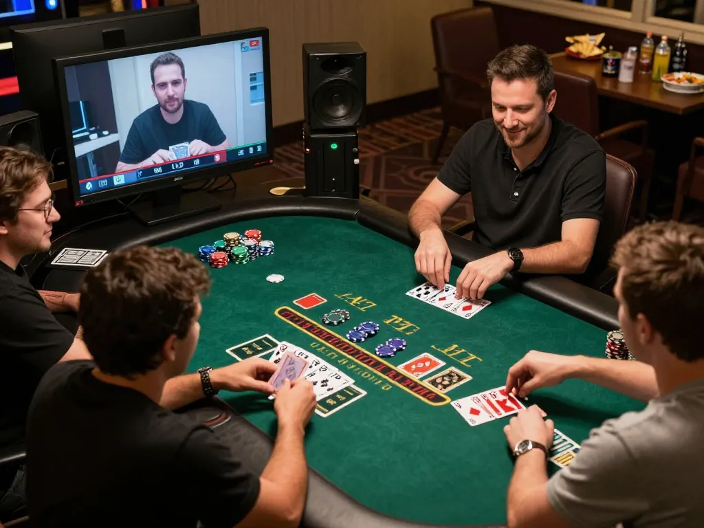 Jogadores da AQ777 estrategizando na mesa de blackjack online com dealer ao vivo, criando uma atmosfera de jogo empolgante.