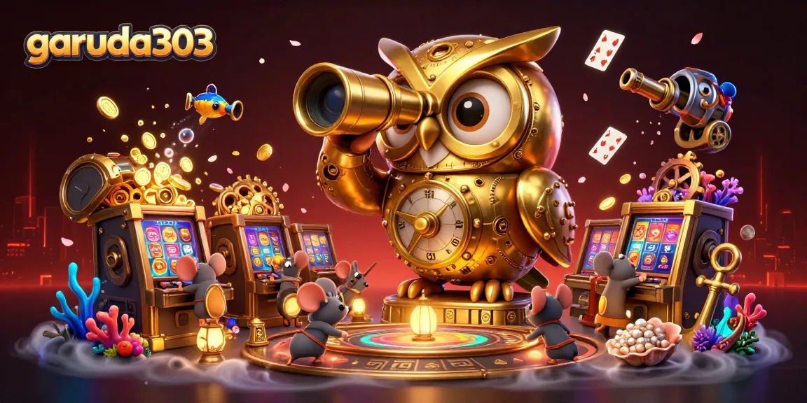Experience thrilling slots at garuda303 with a golden owl watching over high-stakes action at a vibrant casino.