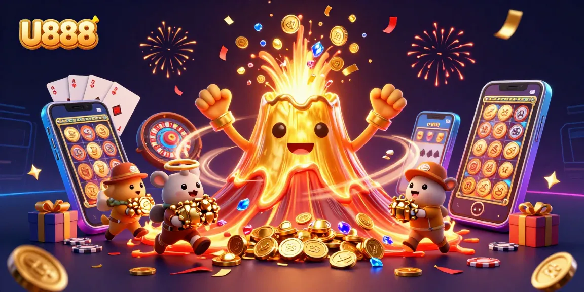 U888 players winning treasures as a golden volcano erupts coins and treasures in a vibrant casino scene.