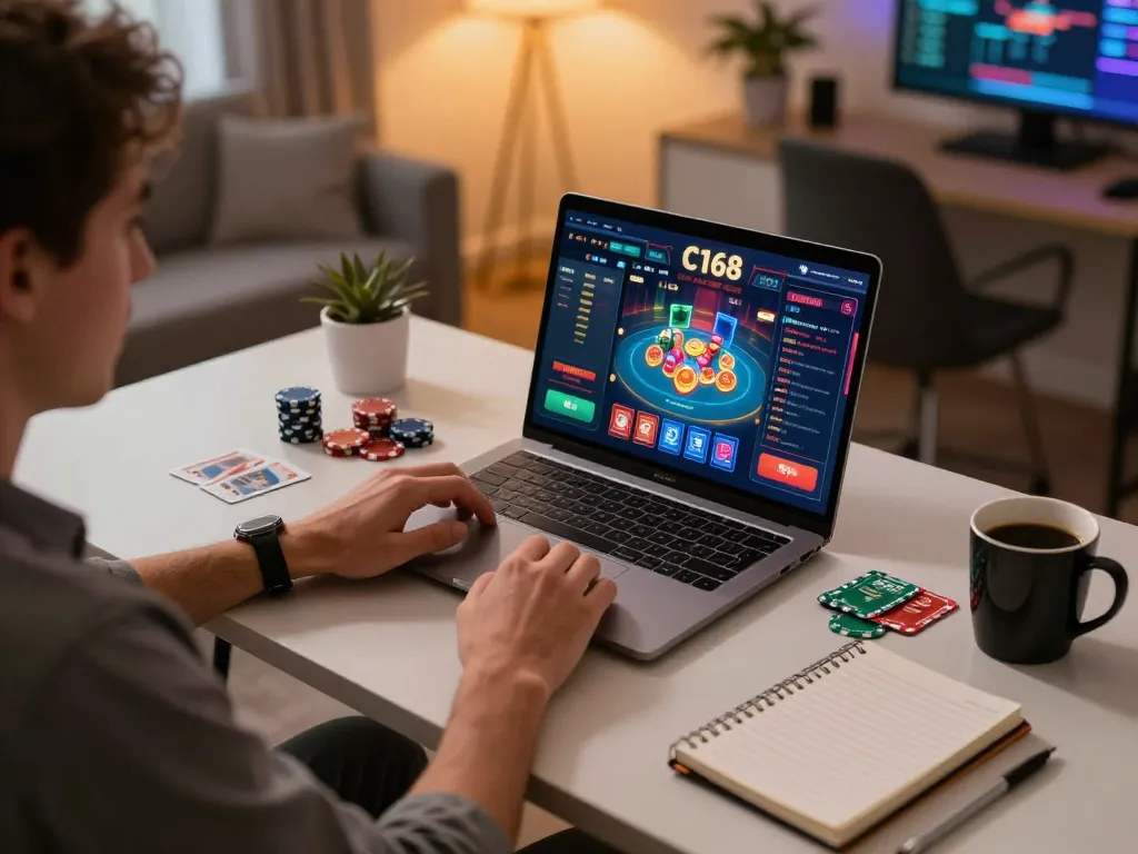 C168 online casino gaming at home with strategic planning and cozy atmosphere