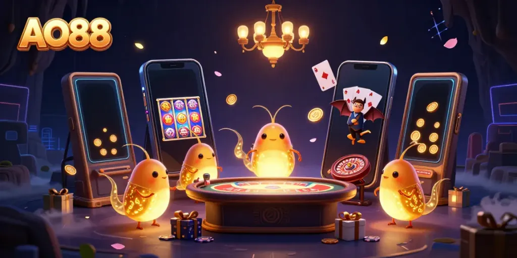 Experience thrilling gameplay at AO88, with glowworms lighting up a vibrant cave casino.