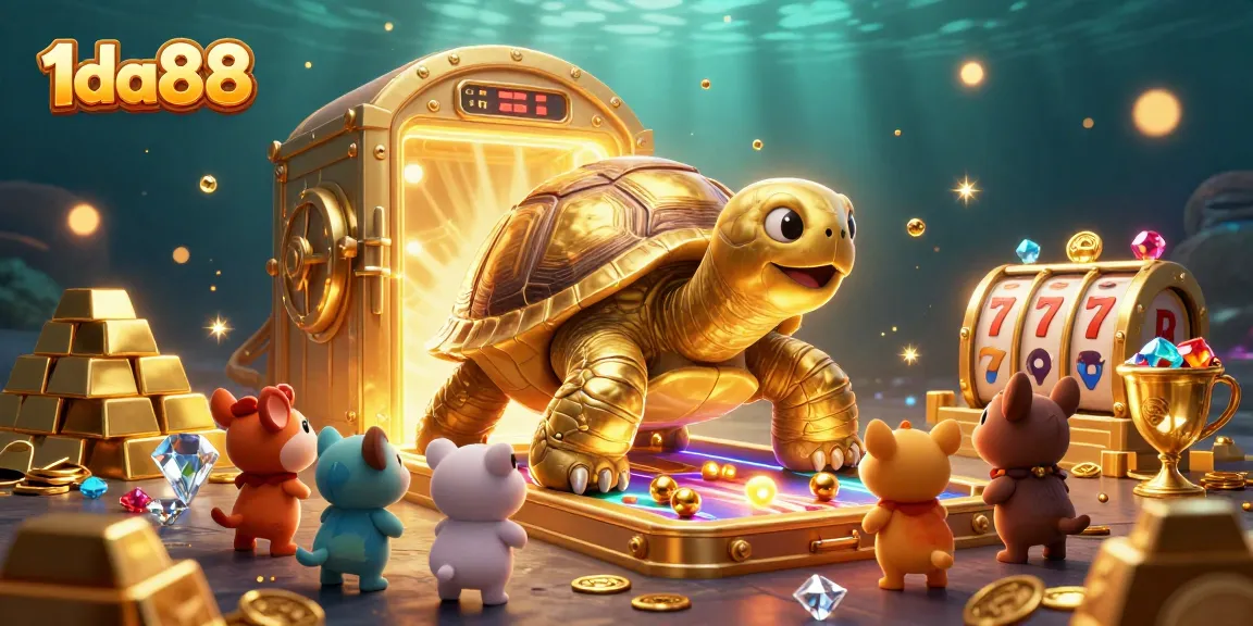 Engage with 1da88's exciting slot games featuring a golden tortoise and treasure elements.